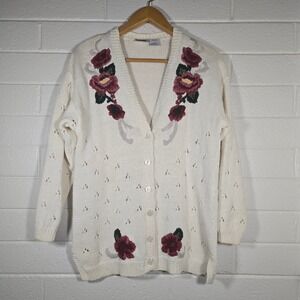 Vtg Capacity Floral Embroidered Cardigan Sweater Large Cream Pointelle‎ Knit 90s